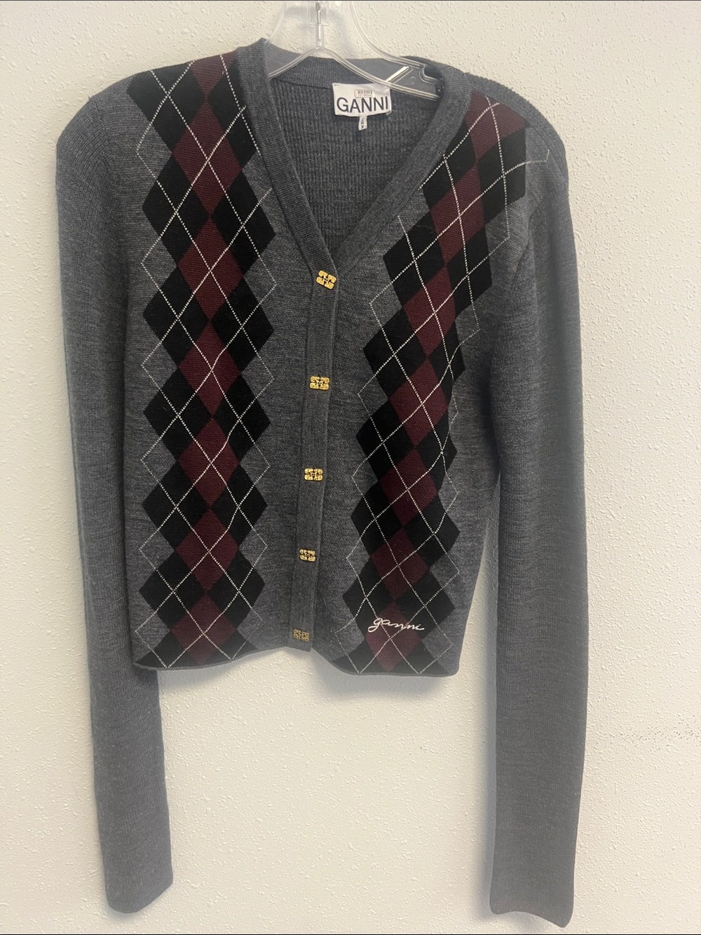 Ganni Gray Cardigan with Burgundy and Black Argyle